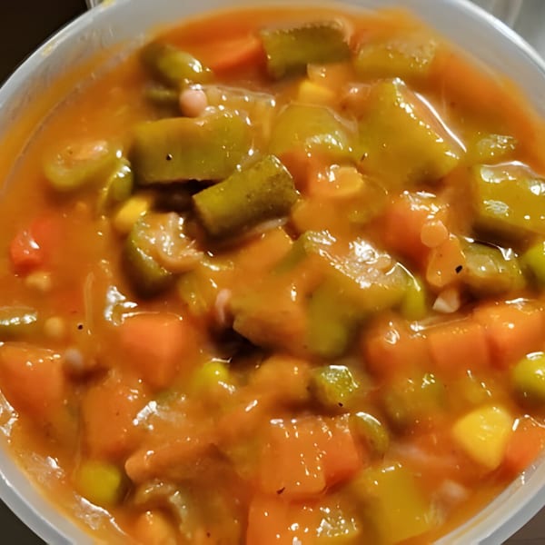 Close-up of Gail's Soul Food okra and tomatoes, a vibrant stew with carrots and corn.
